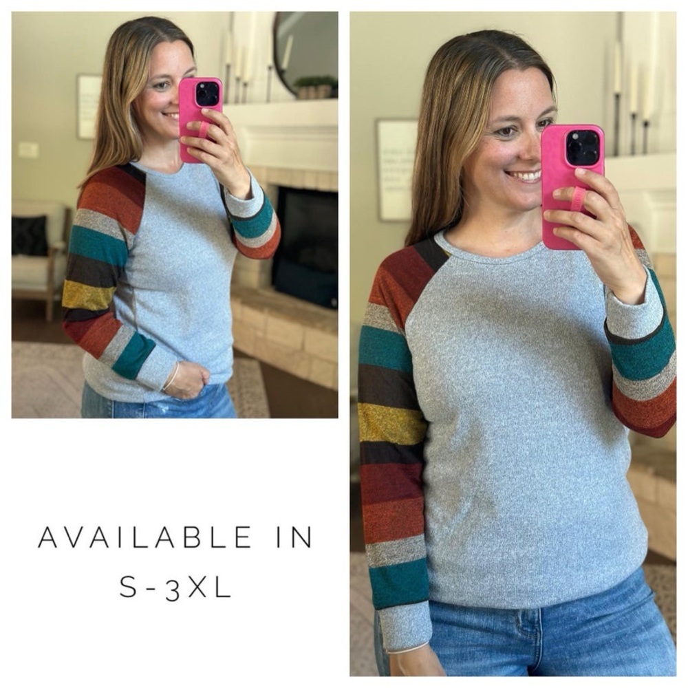 Gray Top with Striped Sleeves